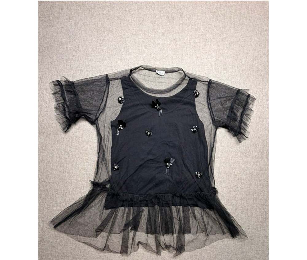 POL Black Sheer Mesh Tulle Ruffle Peplum Top Jeweled Floral Embellished M